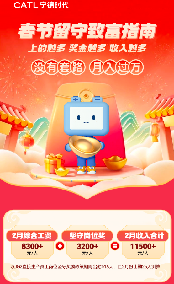 宁德时代发布最新奖励政策：春节坚守岗位可获3200元奖励