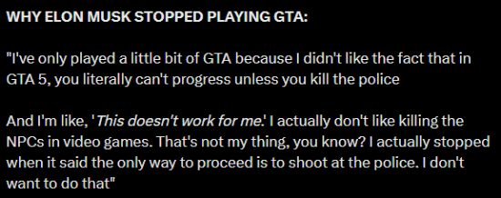 马斯克拒玩《GTA6》！奇葩理由把网友气笑了