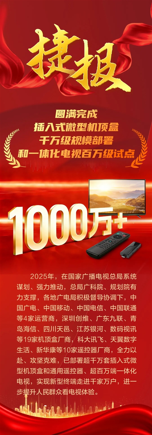 广电总局：圆满完成插入式微型机顶盒千万级部署和一体化电视百万级试点